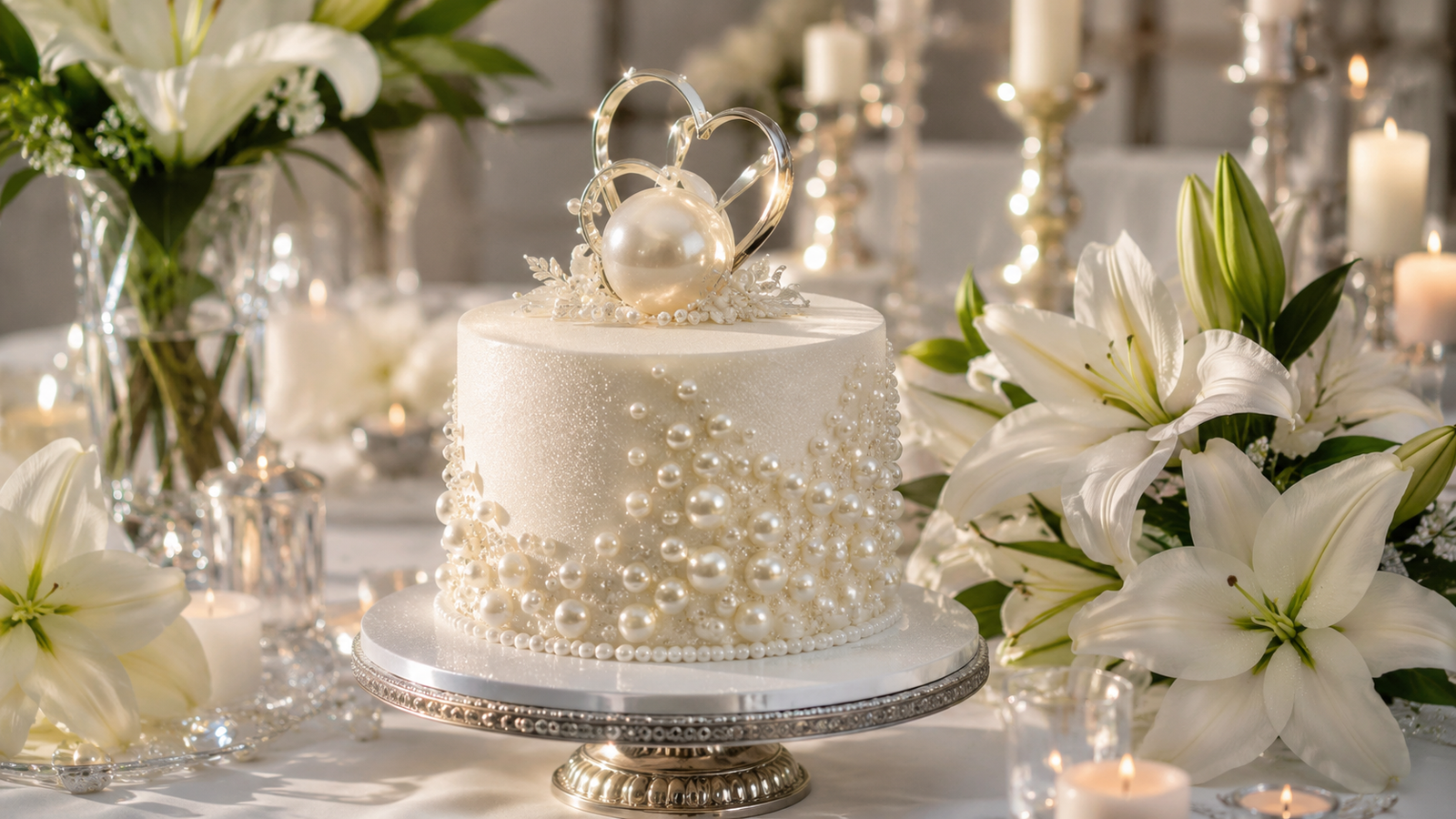 bolo perolado de bodas de pérola com lírios brancos e decoração em tons claros