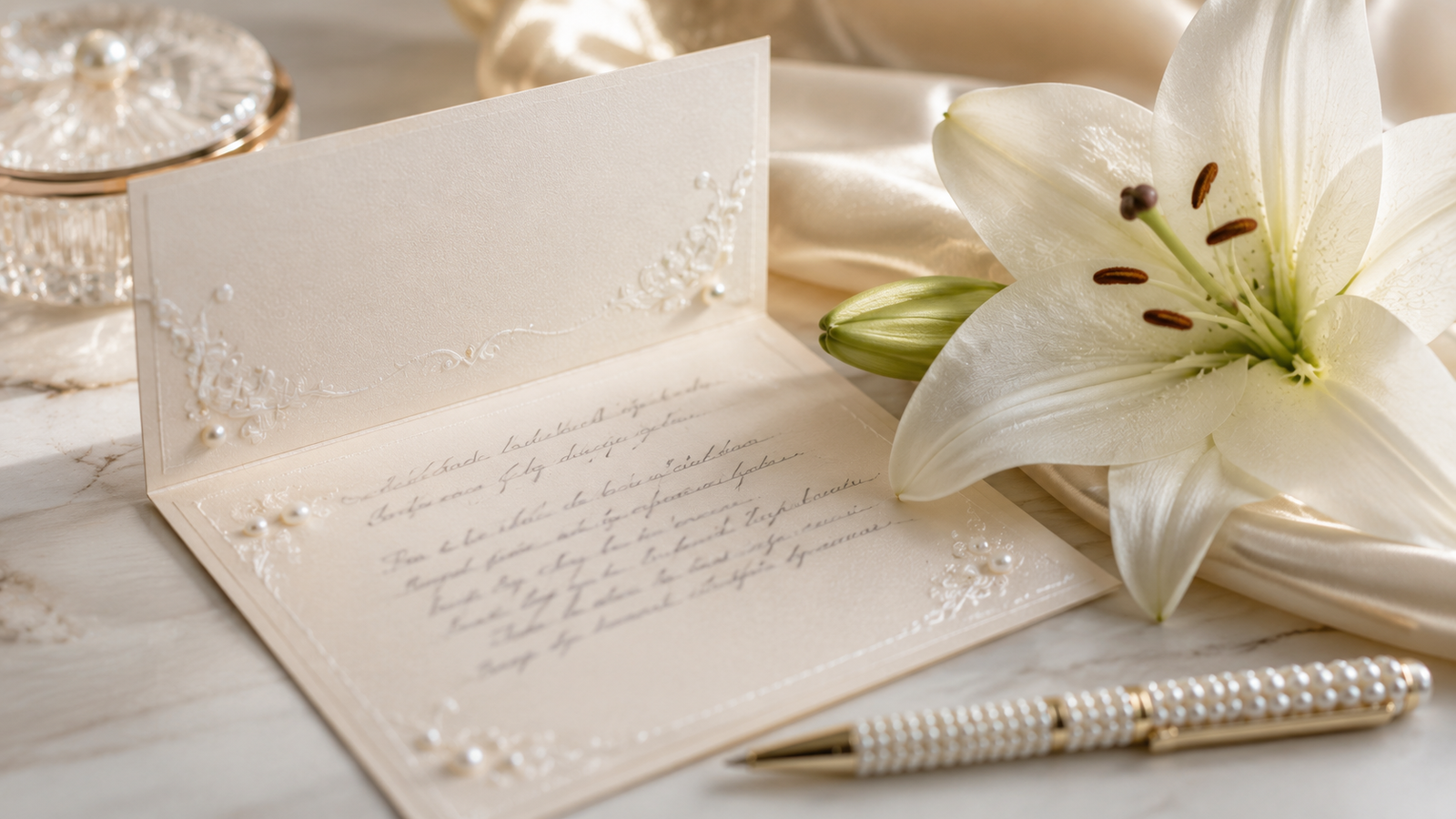 cartão de mensagem de bodas de pérola com detalhes perolados e um lírio branco