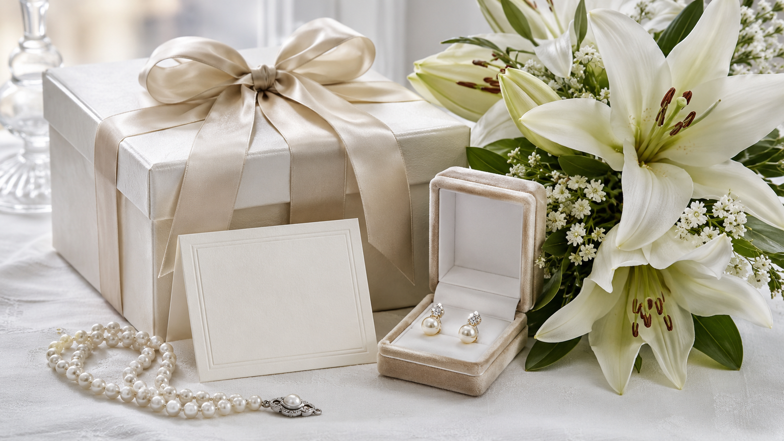 presente de bodas de pérola com joia de pérola, cartão e flores brancas