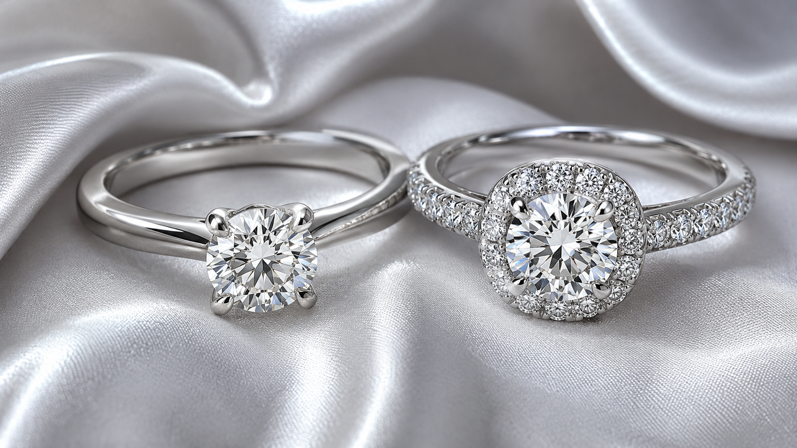 anel de ouro branco com diamante solitário e modelo chuveiro, presente das bodas de prata