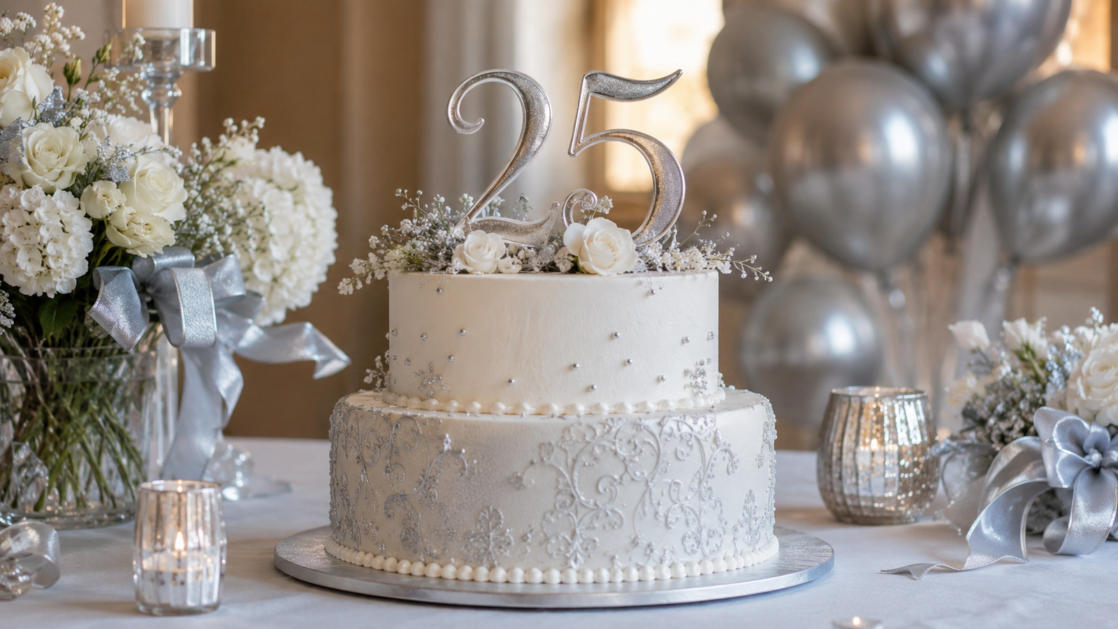 bolo de bodas de prata branco com detalhes prateados e o número 25 na decoração