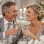 casal maduro celebrando as bodas de prata com um brinde em ambiente prateado