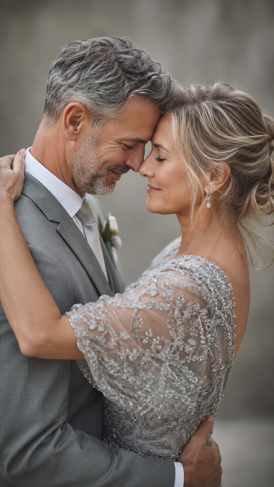 casal maduro abraçado celebrando as bodas de prata em retrato vertical