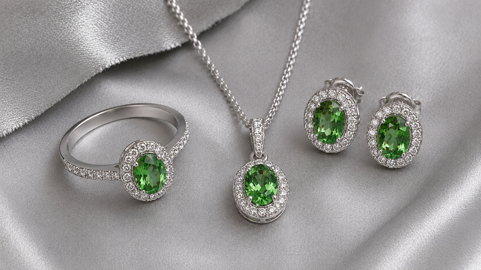 conjunto de joias de ouro branco com tsavorita verde, anel colar e brincos, presente de bodas de prata