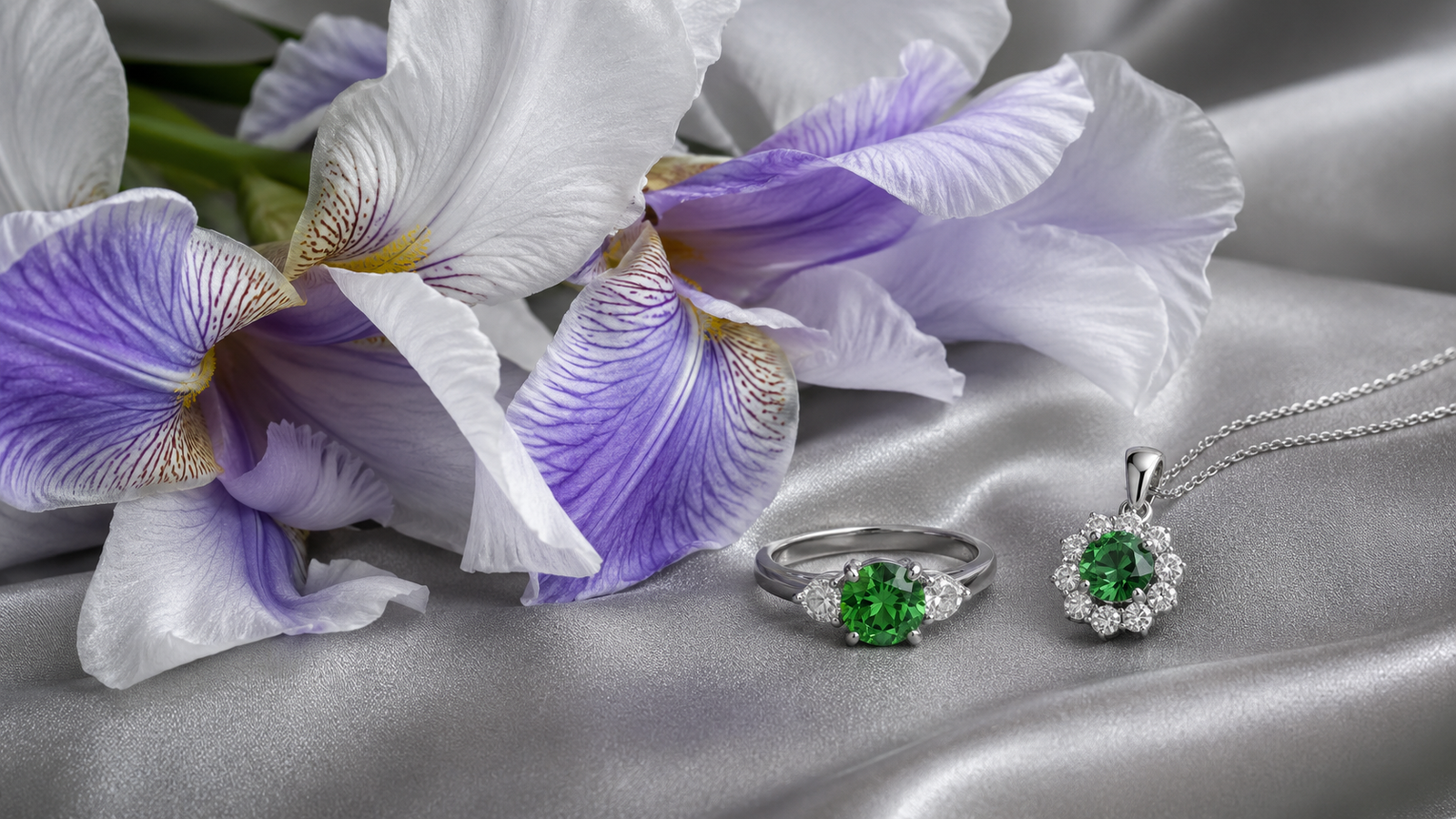 íris brancas e lilás ao lado de joias de ouro branco com tsavorita verde nas bodas de prata
