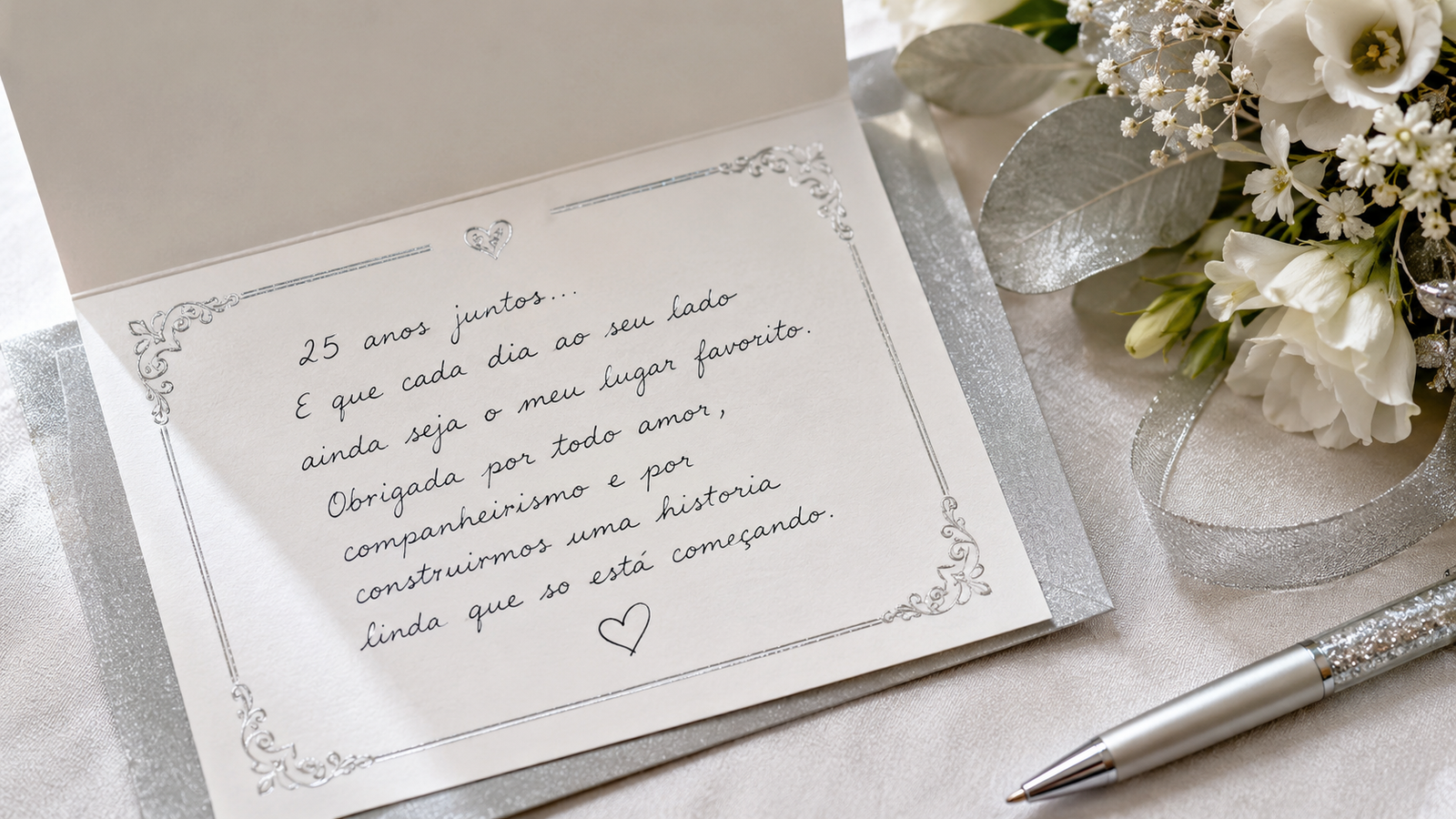 cartão de mensagem de bodas de prata com detalhes prateados sobre a mesa