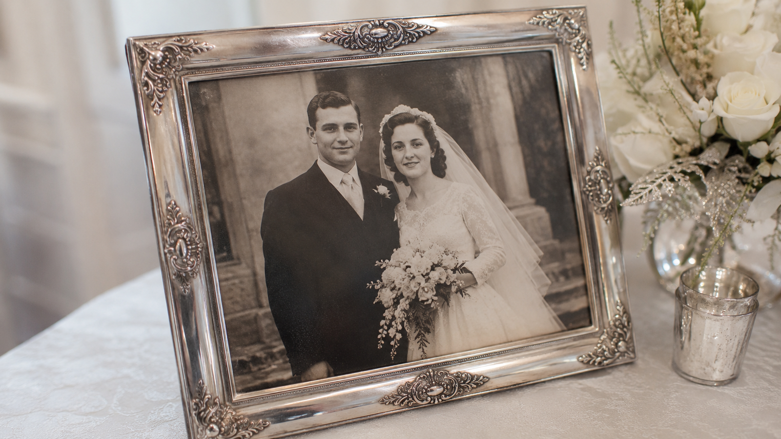 foto antiga do casal em moldura de prata, símbolo dos 25 anos das bodas de prata