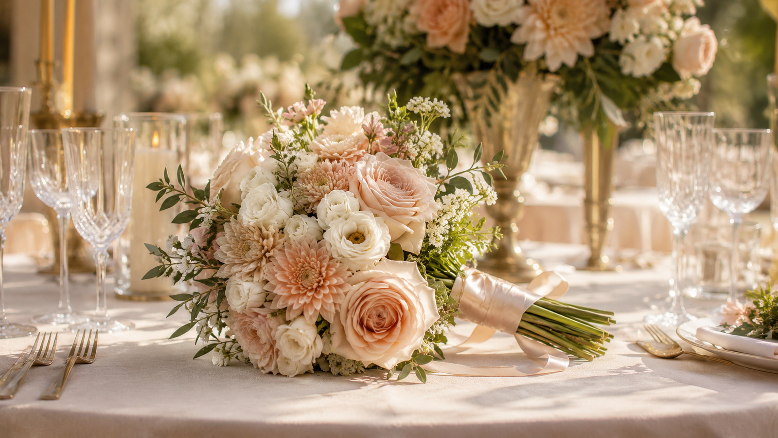 buquê de noiva sobre mesa de casamento decorada na mesma paleta de flores