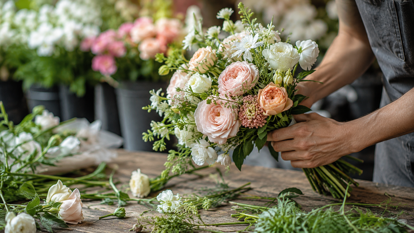 florista montando um buquê de noiva com flores frescas na bancada da floricultura
