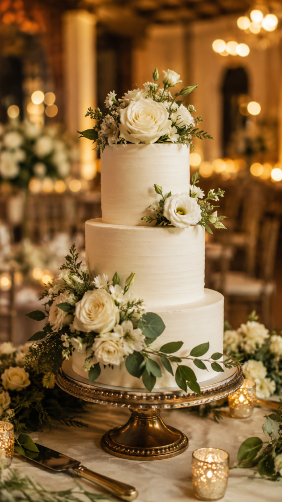 bolo de casamento de andares branco com flores frescas como sobremesa do cardápio