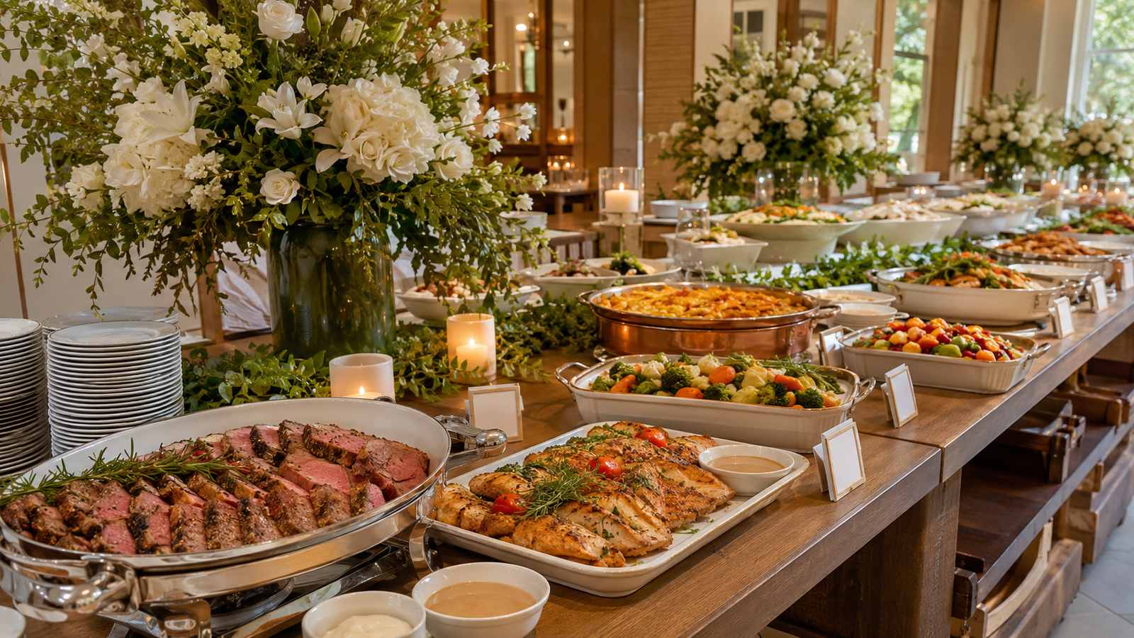 buffet americano de casamento com ilha gastronômica farta de carnes, acompanhamentos e saladas