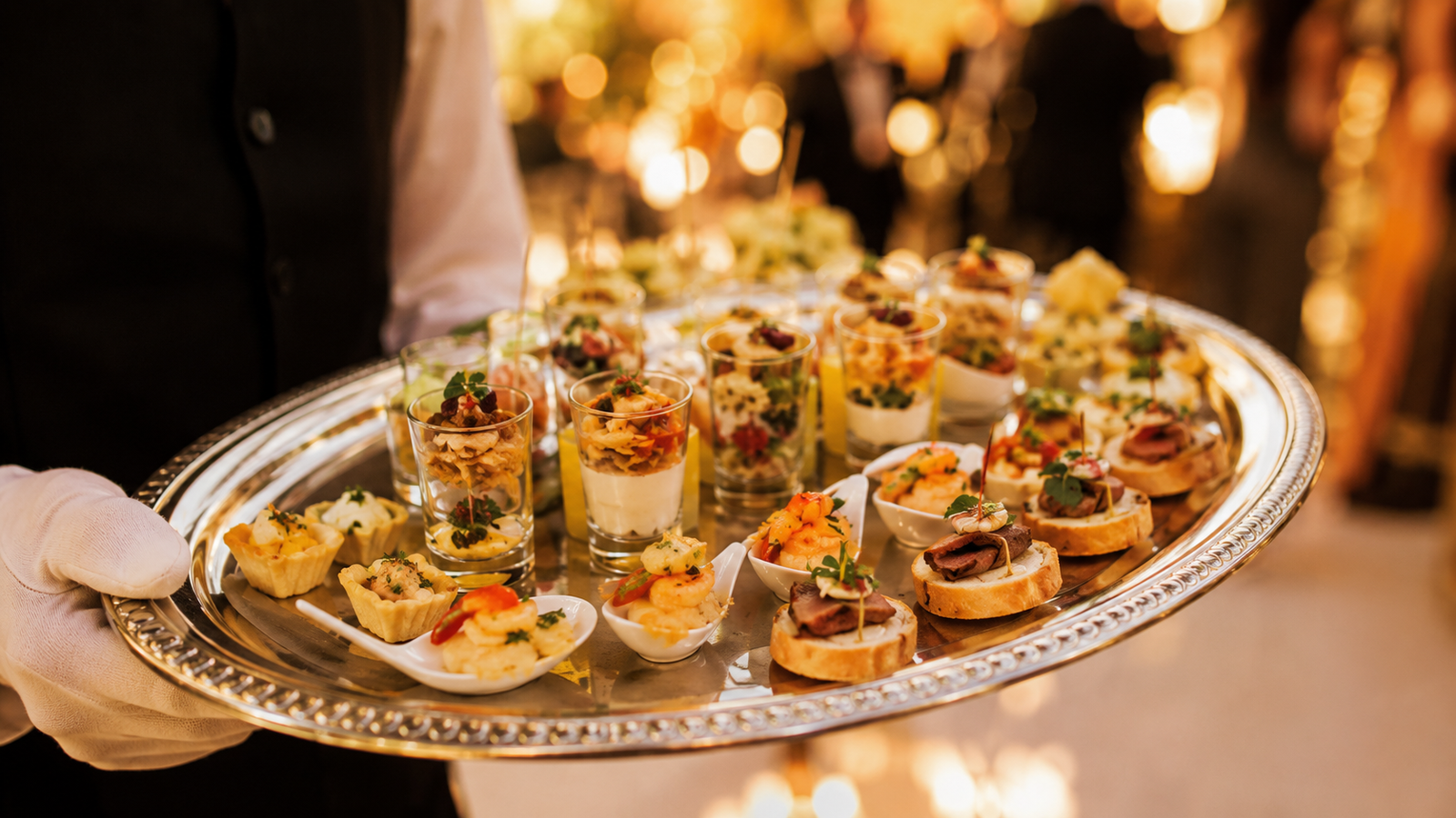 bandeja de canapés e finger food servidos em casamento com mini porções variadas