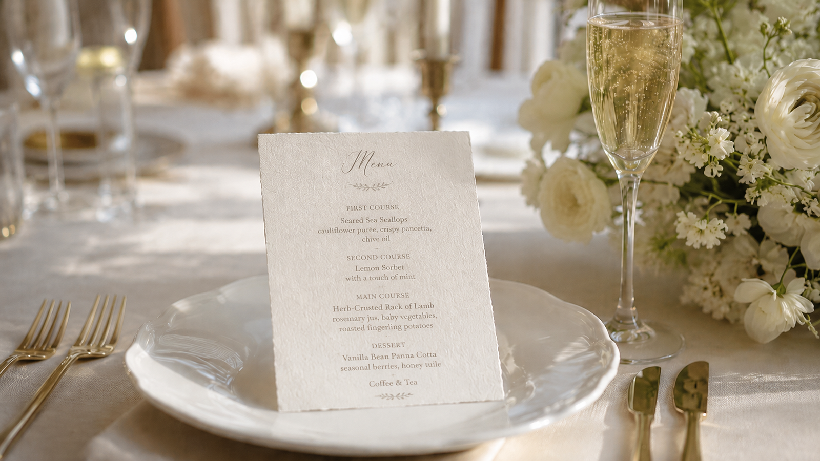 cartão de menu do cardápio de casamento sobre prato de porcelana com taça de espumante ao lado