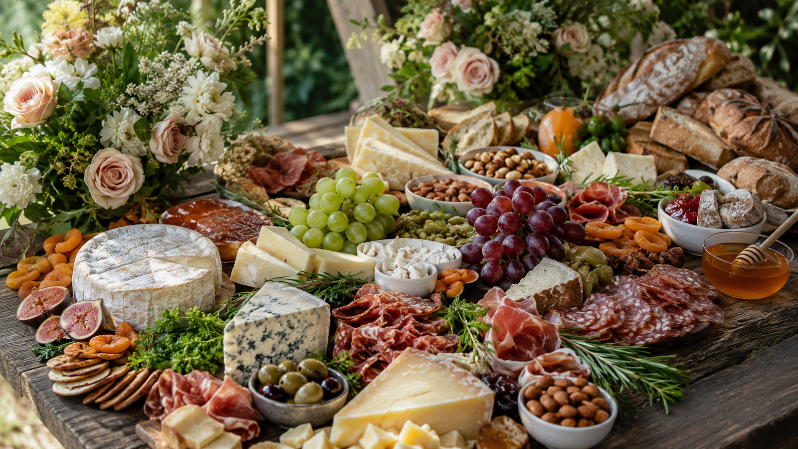 mesa de pastagem de casamento com queijos, frios, frutas, pães rústicos e mel