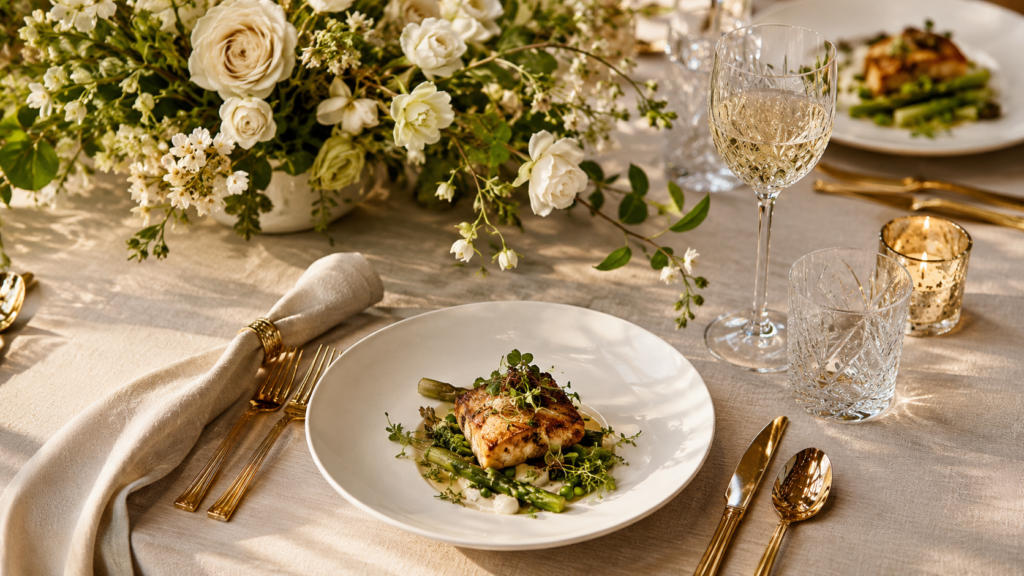 cardápio de casamento servido em mesa de jantar elegante com pratos empratados, taças de cristal e flores brancas
