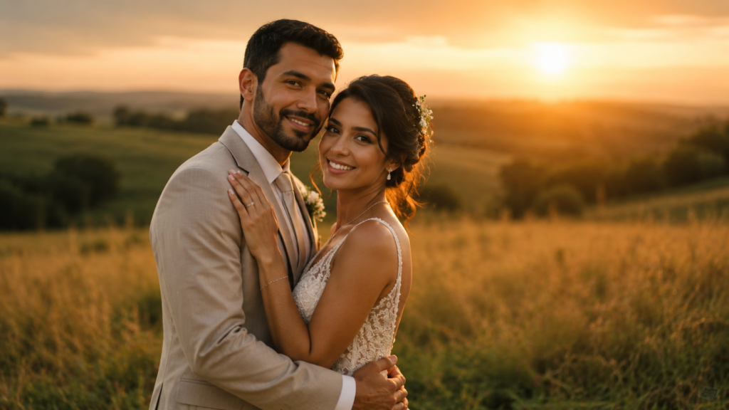 casal de noivos abraçado em um campo ao entardecer no dia do casamento