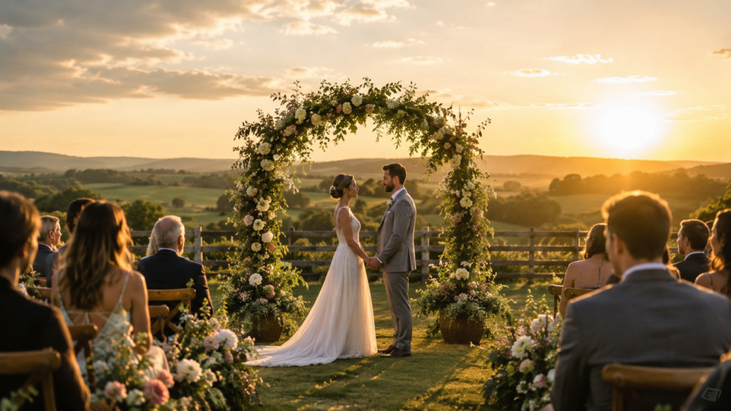 cerimônia de casamento no campo com arco floral no gramado ao pôr do sol