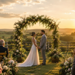 cerimônia de casamento no campo com arco floral no gramado ao pôr do sol