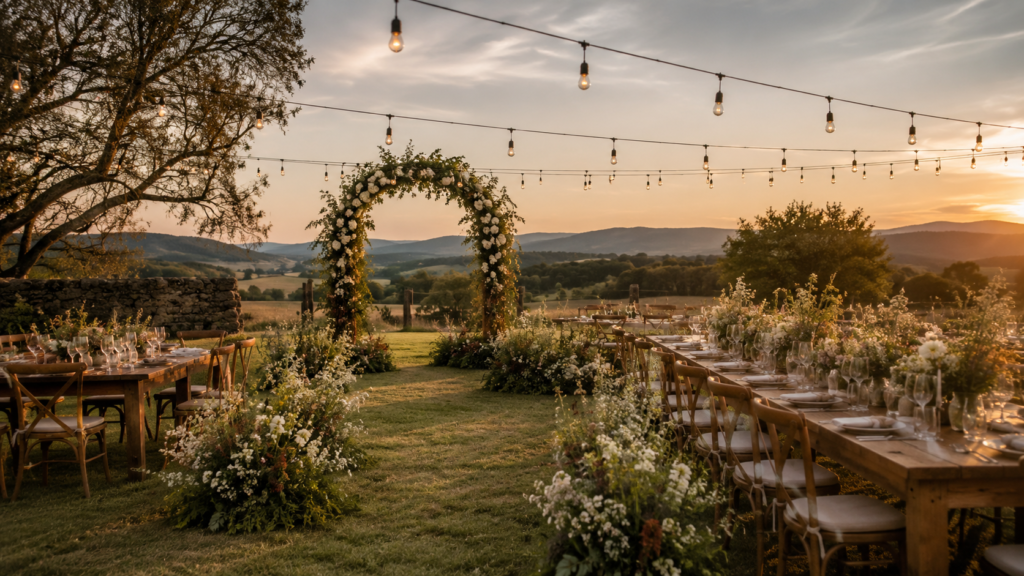 decoração de casamento no campo com arco floral e mesas de madeira