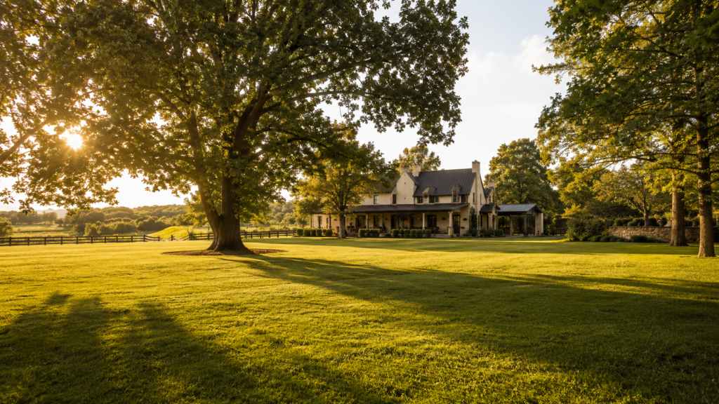 vista ampla de um espaço de casamento no campo com gramado e árvores