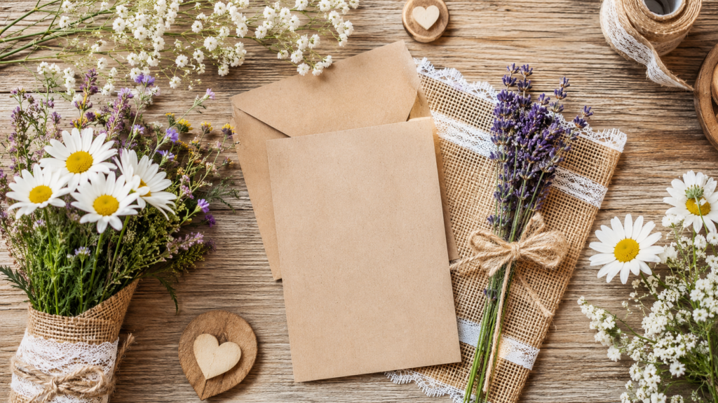 flat lay com flores silvestres e convite rústico de casamento no campo
