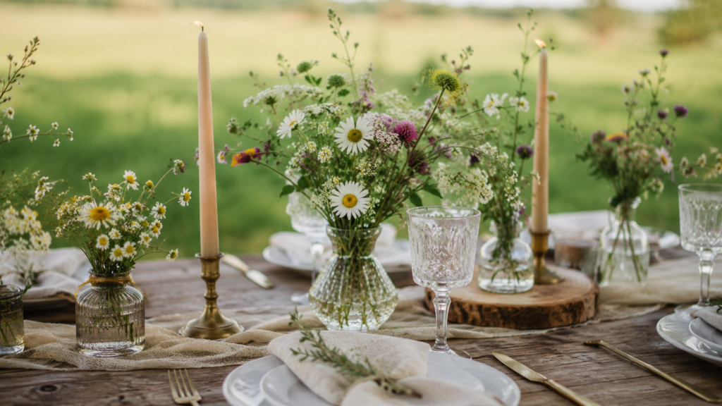 mesa rústica de casamento no campo decorada com flores do campo