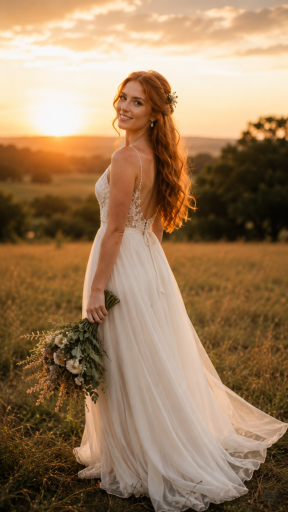 noiva ruiva em um campo ao entardecer no dia do casamento
