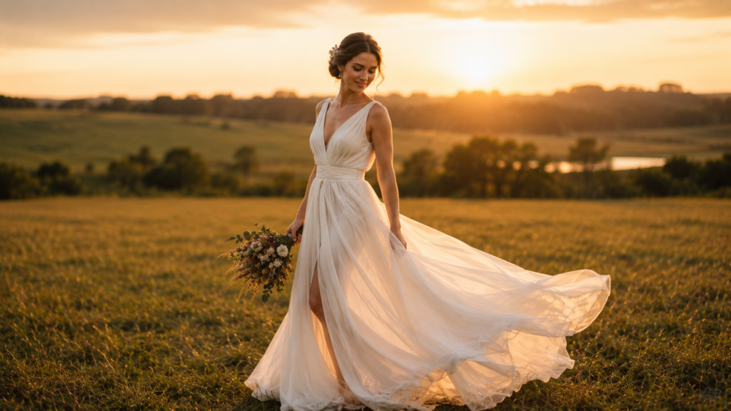 noiva com vestido fluido e leve em um casamento no campo