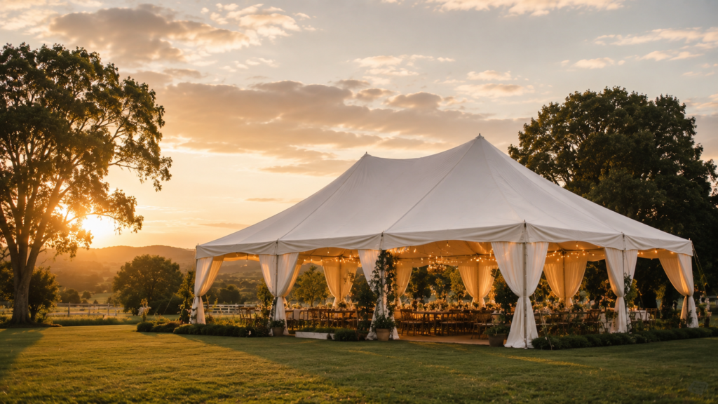 tenda branca montada em um campo para a estrutura de um casamento