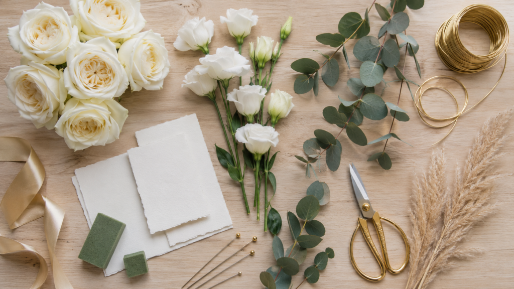 flat lay com elementos para contratar florista de arco floral para casamento amostras e flores
