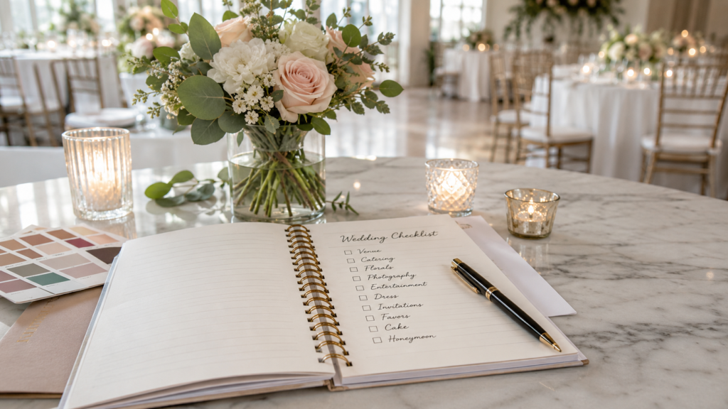 caderno e caneta de planejamento de decoração de casamento com amostras de paleta de cores e arranjo de flores