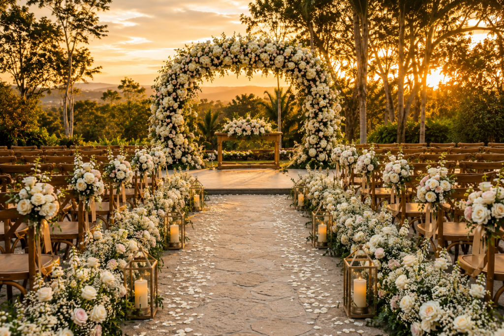 decoração de cerimônia de casamento 2026 com arco floral e corredor decorado
