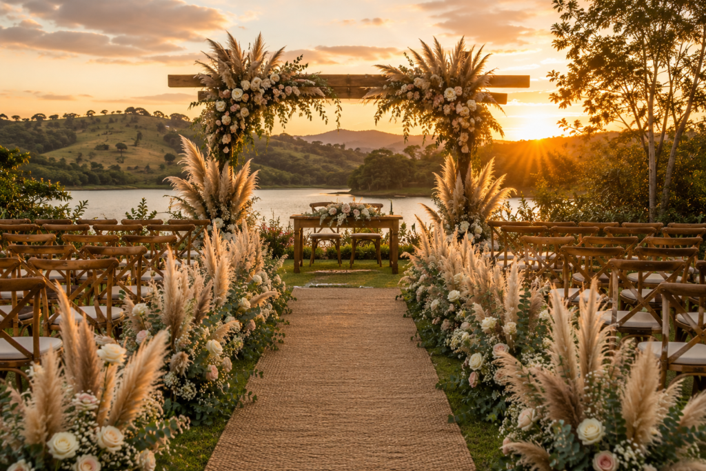 decoração de cerimônia de casamento 2026 ao ar livre com arco floral e corredor decorado