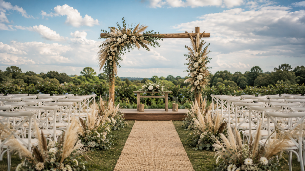 seis estilos de arco floral para casamento em salão de cerimônia sem convidados