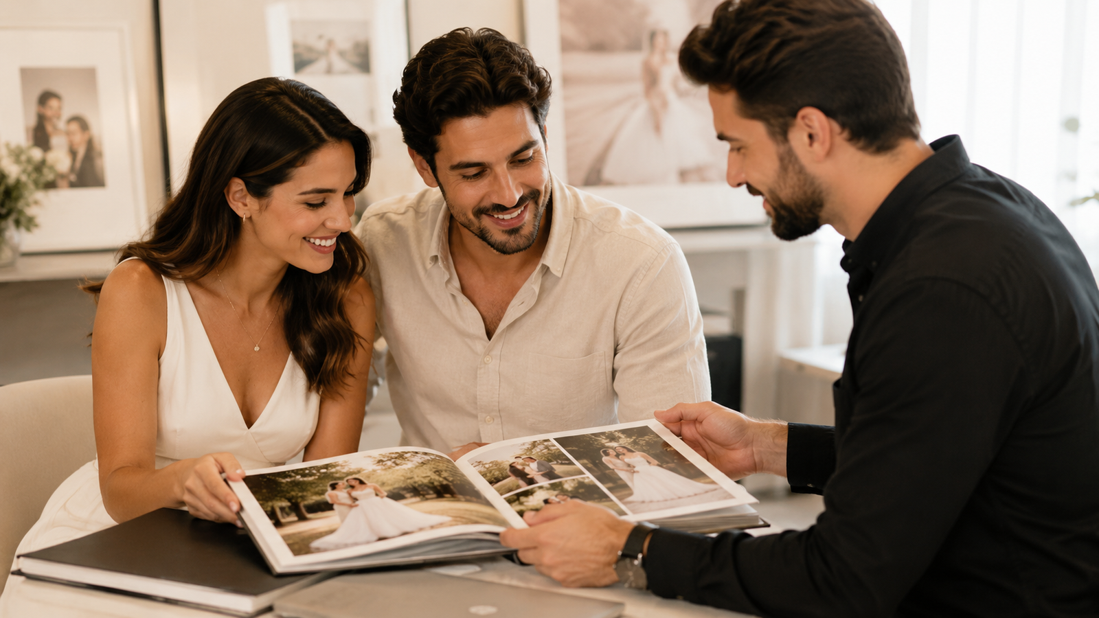 casal escolhendo o estilo de fotografia de casamento vendo um álbum com o fotógrafo