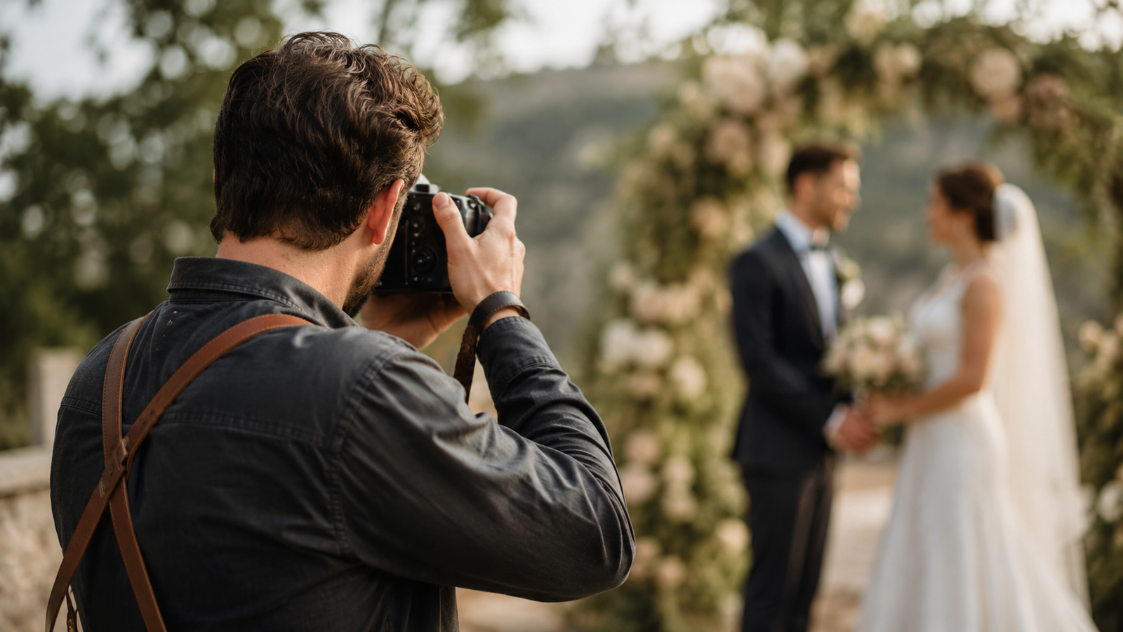 fotógrafo de casamento fotografando o casal com câmera profissional durante a cerimônia