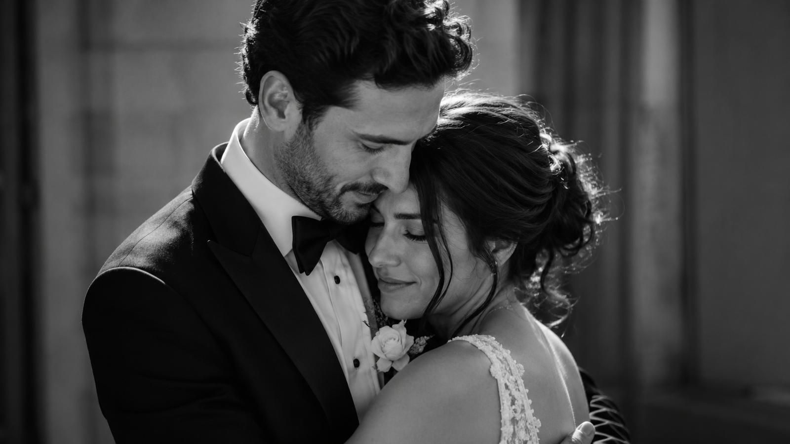 fotografia de casamento em preto e branco atemporal com casal em abraço emocionado