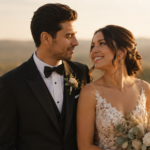 estilos de fotografia de casamento em retrato editorial de casal ao pôr do sol com luz dourada