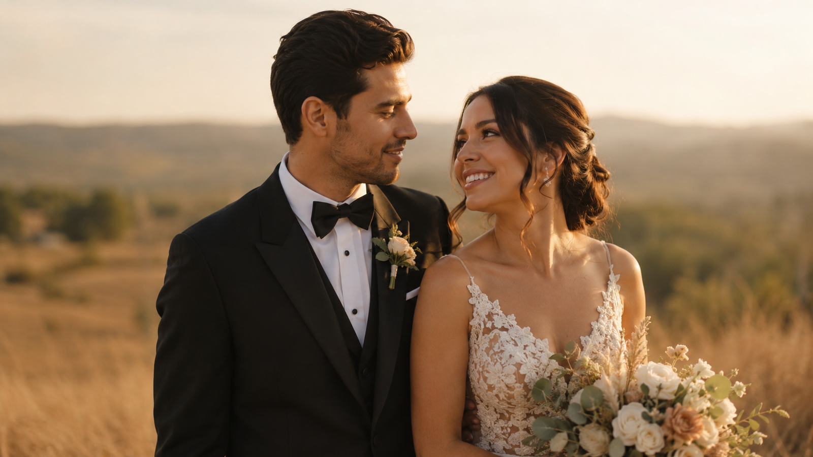 estilos de fotografia de casamento em retrato editorial de casal ao pôr do sol com luz dourada
