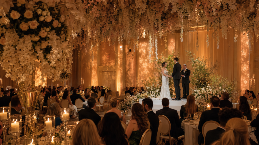 experiência imersiva em casamento 2026 com iluminação cenográfica e projeção mapeada