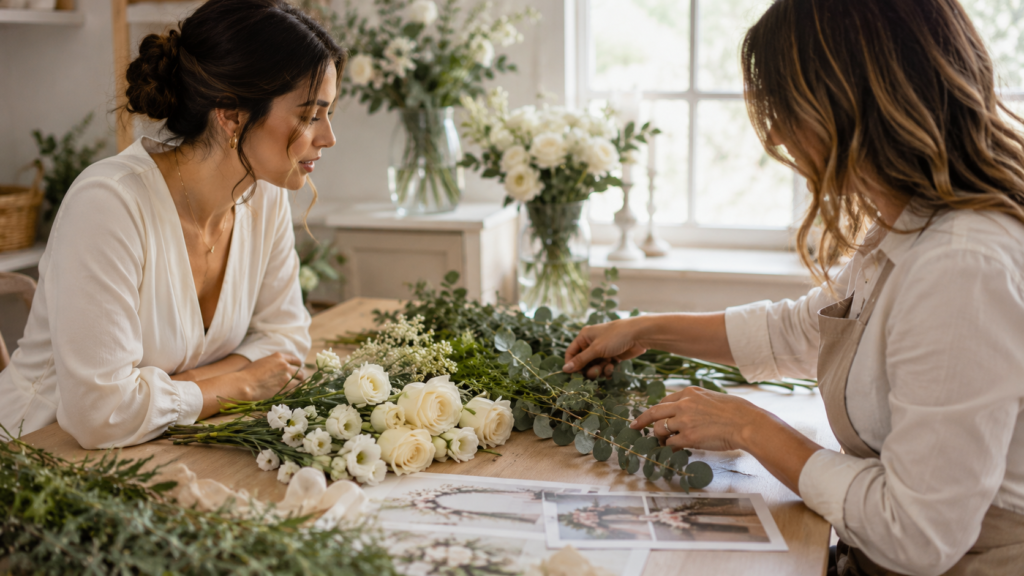 noiva em reunião com florista para escolher arco floral de casamento com amostras de flores