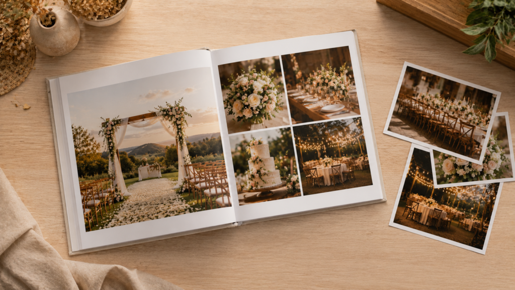 álbum de casamento impresso aberto com fotos sobre a mesa