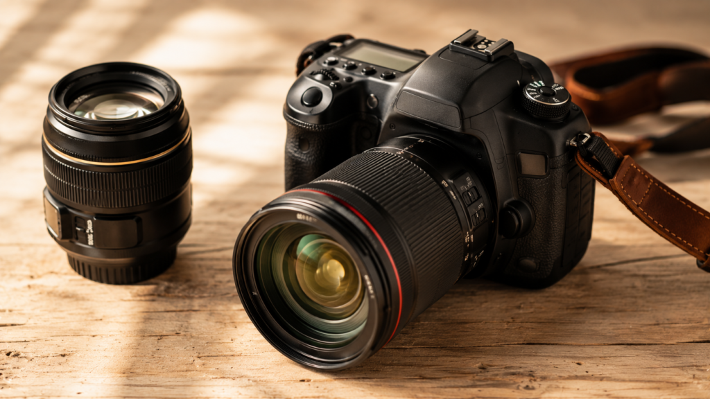 câmera fotográfica profissional usada por fotógrafo de casamento em close
