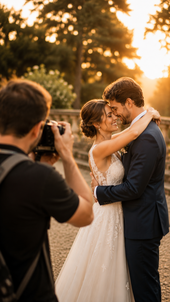 fotógrafo de casamento capturando o casal em um momento emocionante