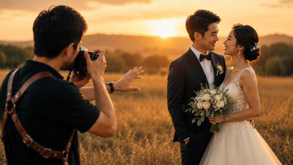 casal de noivos posando para o fotógrafo de casamento ao pôr do sol