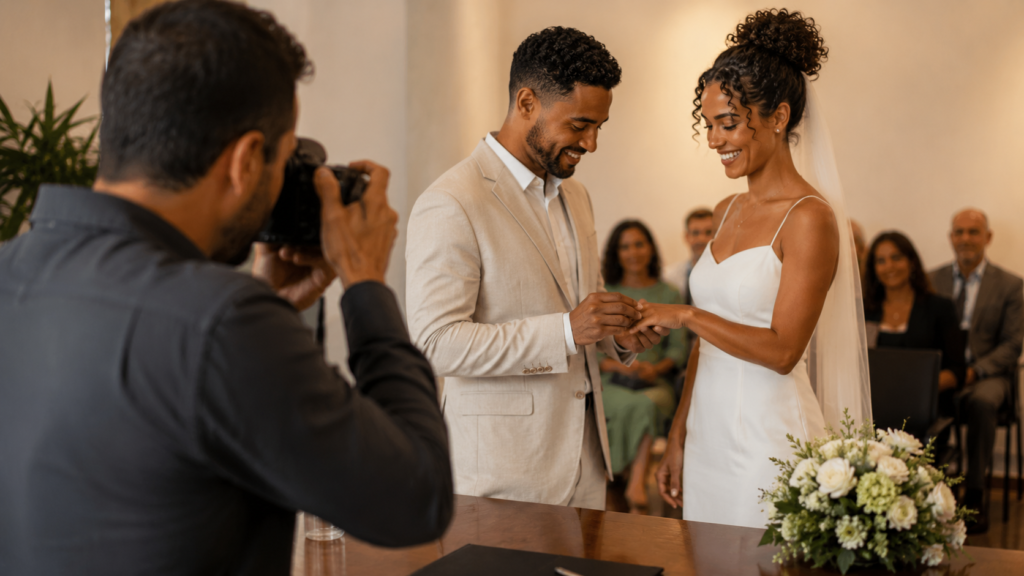 cerimônia de casamento civil sendo fotografada por um fotógrafo