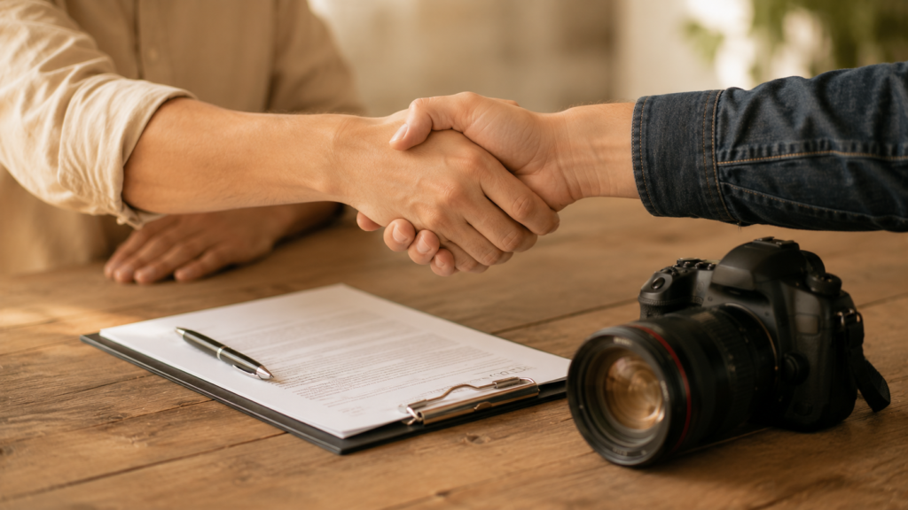 aperto de mãos fechando o contrato com o fotógrafo de casamento