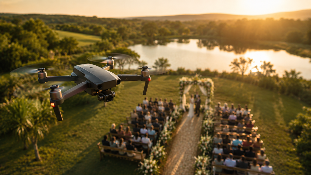 drone filmando uma cerimônia de casamento ao ar livre