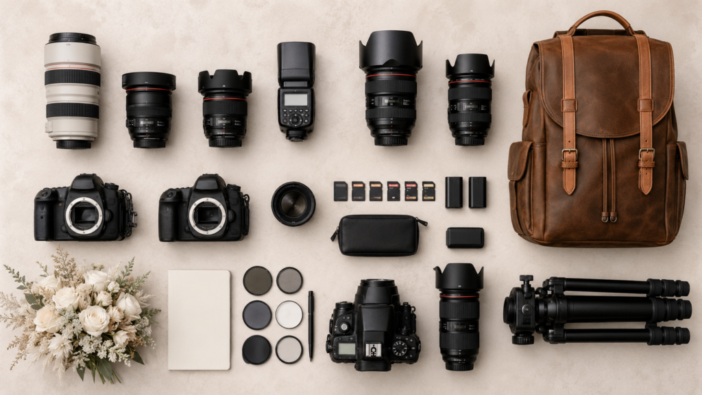 equipamento de fotografia de casamento organizado em flat lay