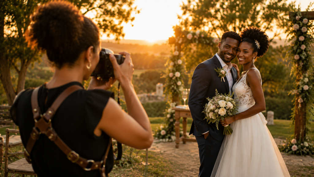 fotógrafo de casamento fotografando o casal ao entardecer em cerimônia ao ar livre